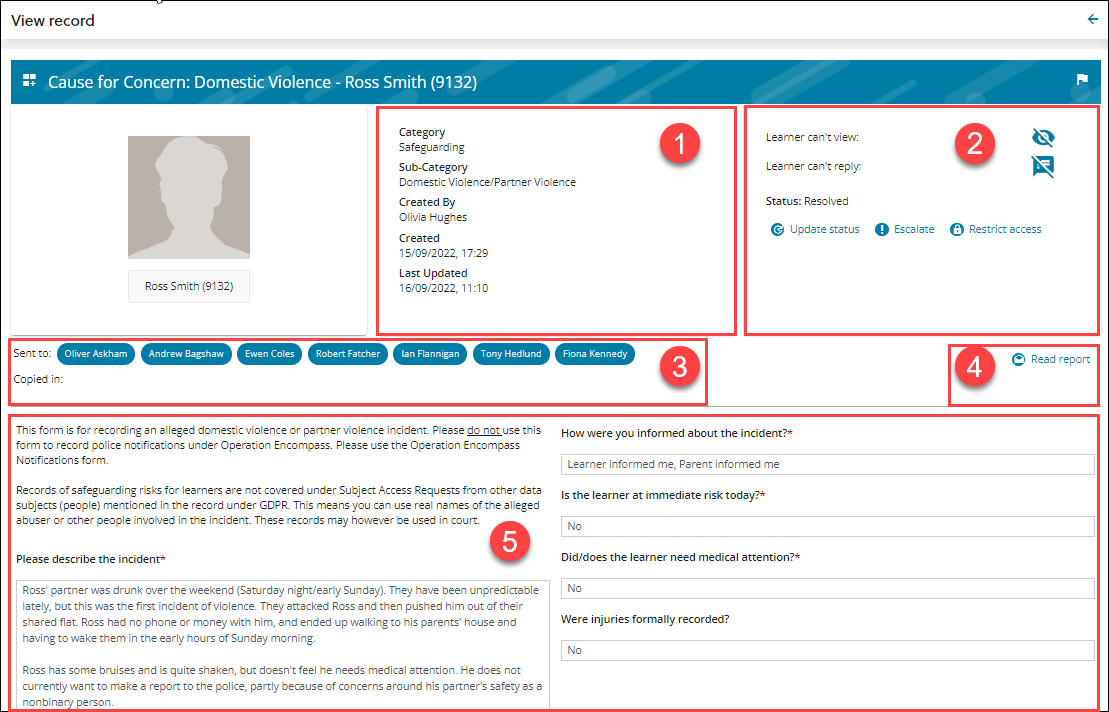 Example message view with sections on labelled 1 to 5